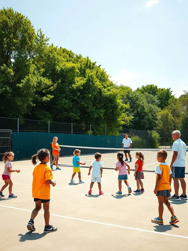 A vibrant image of junior tennis players receiving coaching on the court, showcasing the club's commitment to youth development and skill-building.