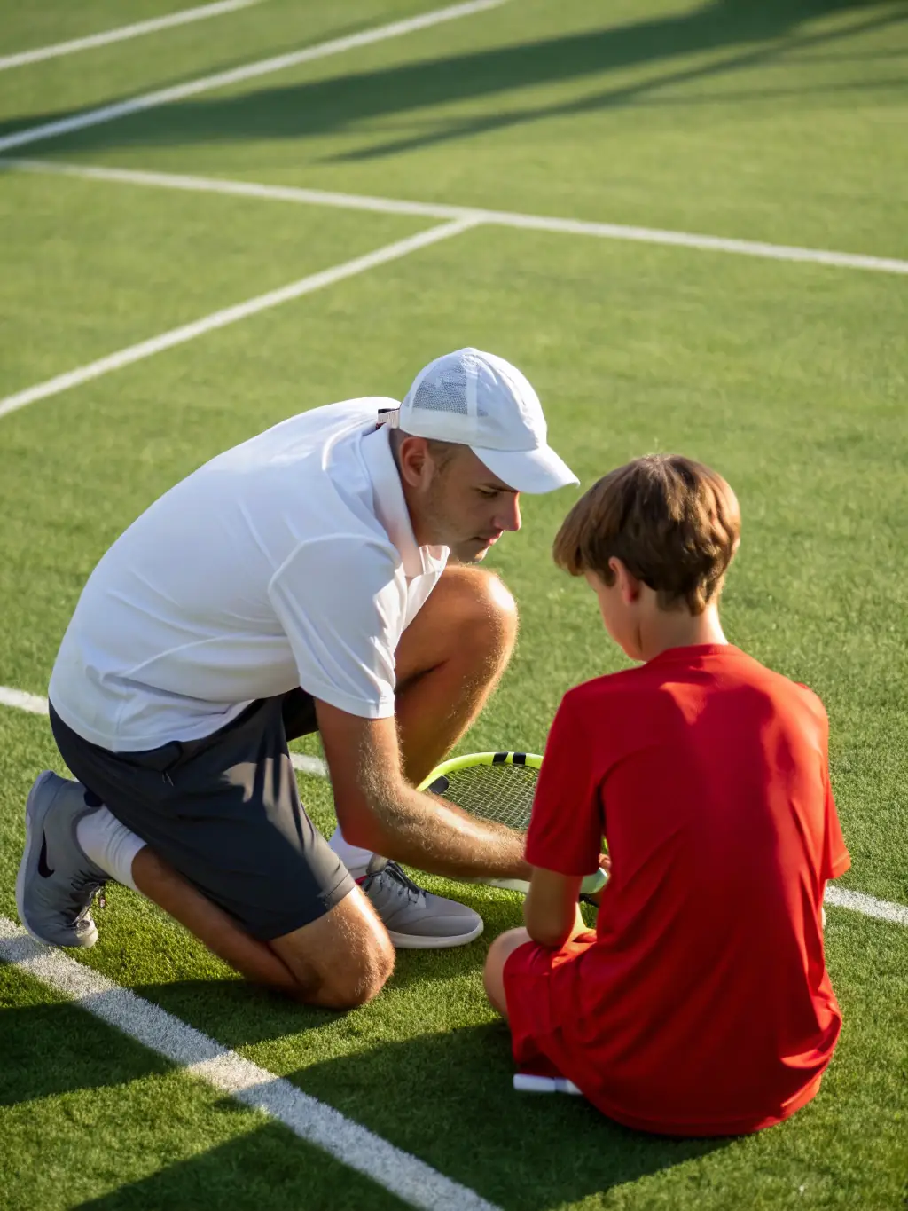 A young tennis player receiving personalized coaching on their forehand technique from a certified tennis instructor at TCR TENNIS CLUB DE RIVEDOUX-PLAGE, focusing on proper form and grip.