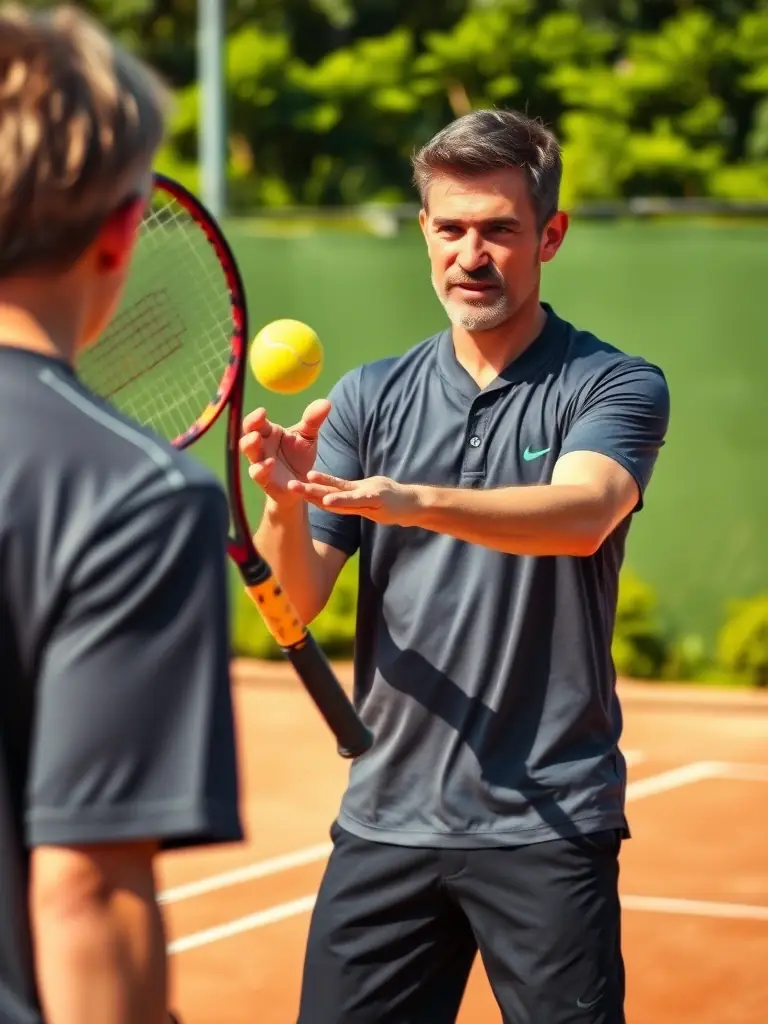 A serene image of a private tennis lesson at TCR Tennis Club, with a coach providing personalized instruction to a player.