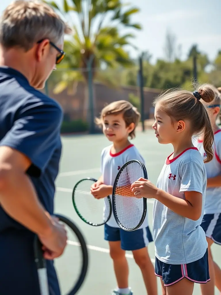 A vibrant image of children participating in a junior tennis clinic at TCR Tennis Club, with coaches providing guidance and encouragement.